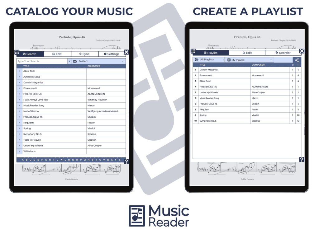 Features MusicReader digital music stand software display sheet